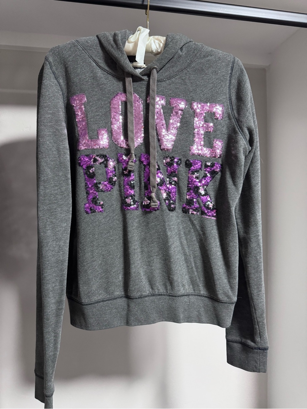 LOVE PINK Women's Gray Hoodie Sweatshirt with Purple Sequin Logo